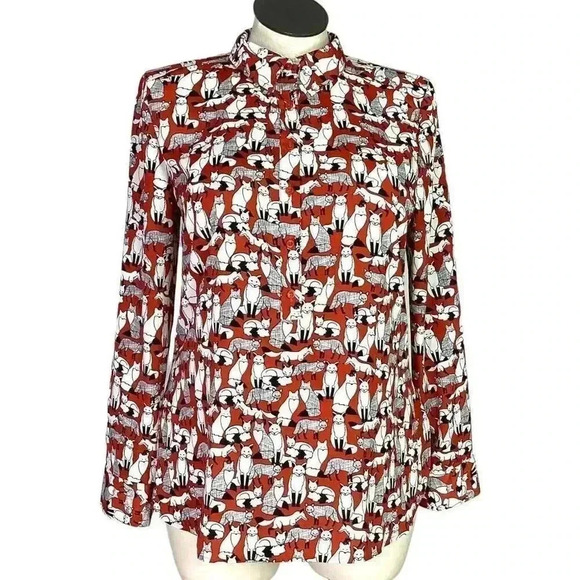 Ann Taylor Top Women L Multicolor Fox Print Half Button Tunic Roll Tab Sleeve - Picture 1 of 9